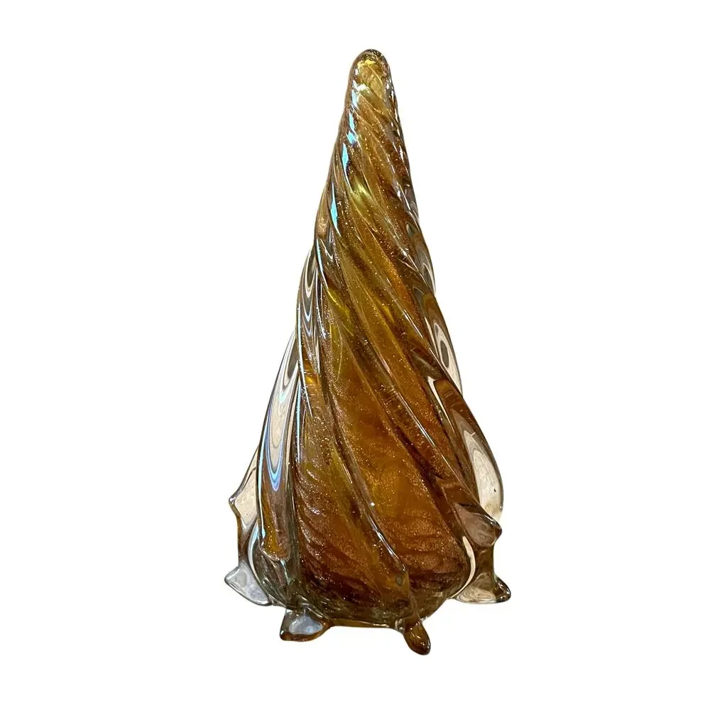 Pier 1 Art Glass Christmas Tree Amber Gold Swirl Glitter 8in Holiday Glam NEW